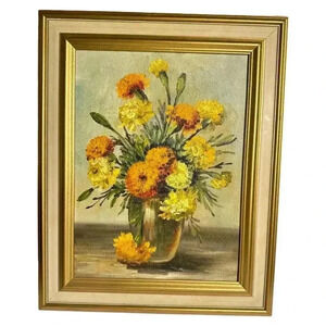 Vintage “Santa Rosa” Marigold Floral Oil Painting in Gold Frame